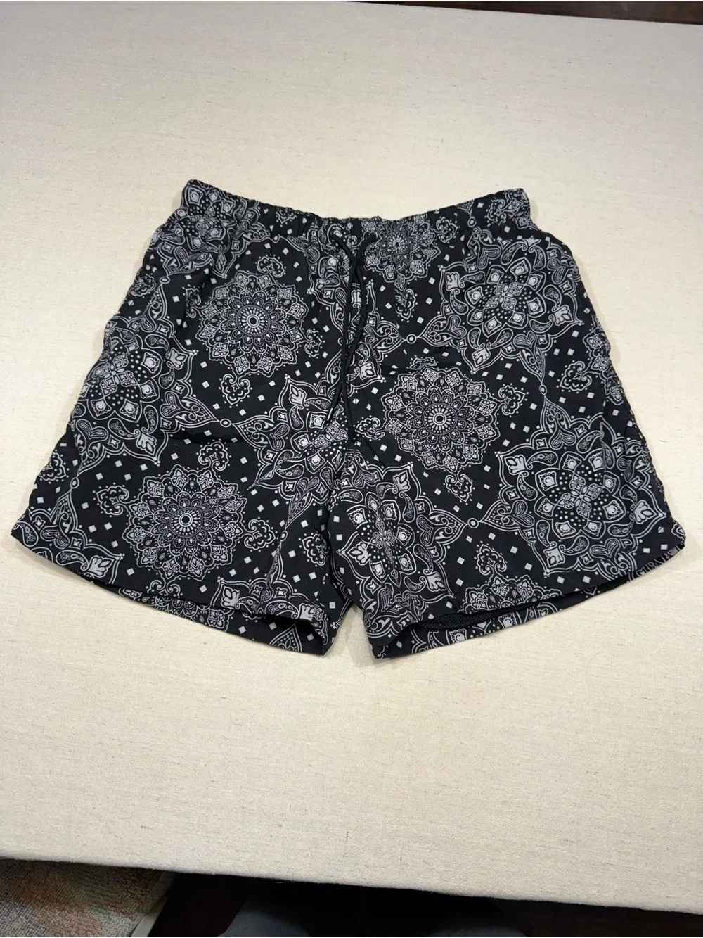 LCKR - Men’s Black Paisley Print Drawstring Swim Shorts - Size Medium